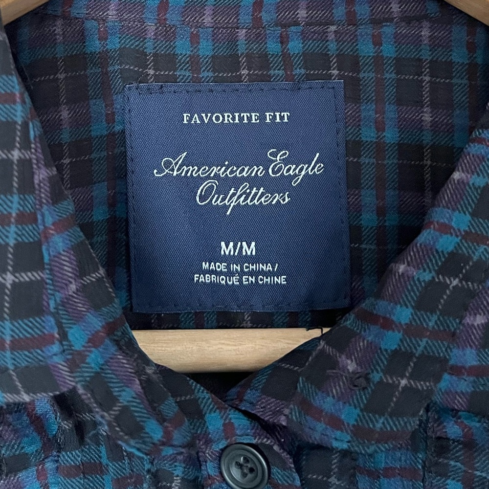 {American Eagle} Plaid Semi-Sheer Button Down Shirt with Ruffle Trim - Medium - Picture 8 of 9
